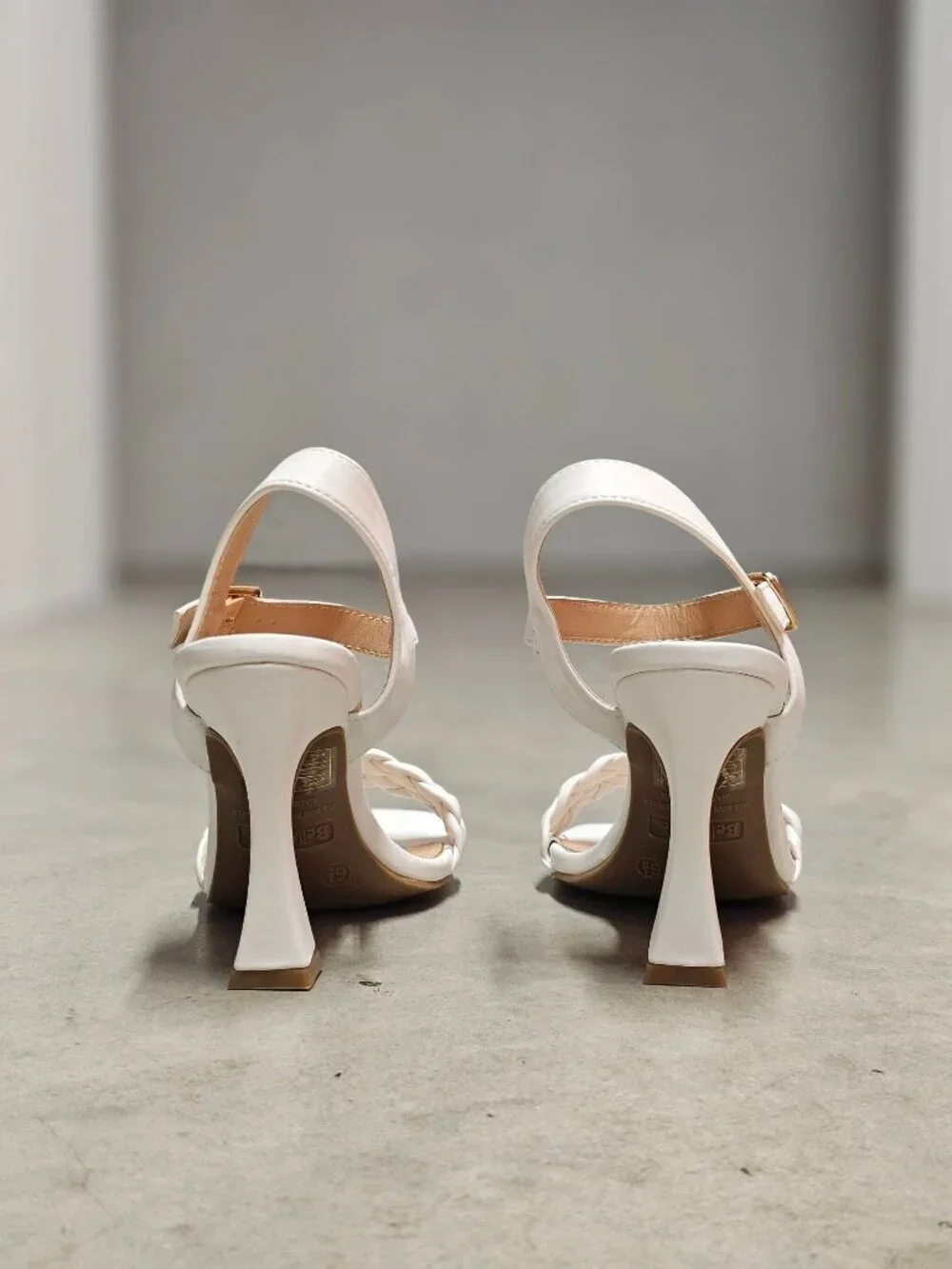 White Braided Strap High Heel Sandals With Square Toe & Adjustable Buckle Closur